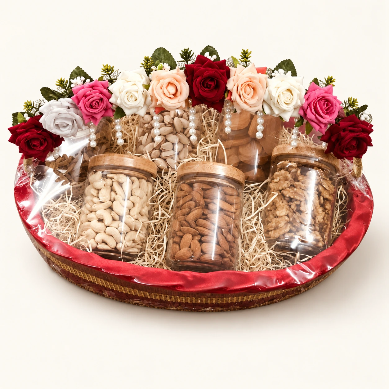 Rose-adorned dry fruit gift hamper